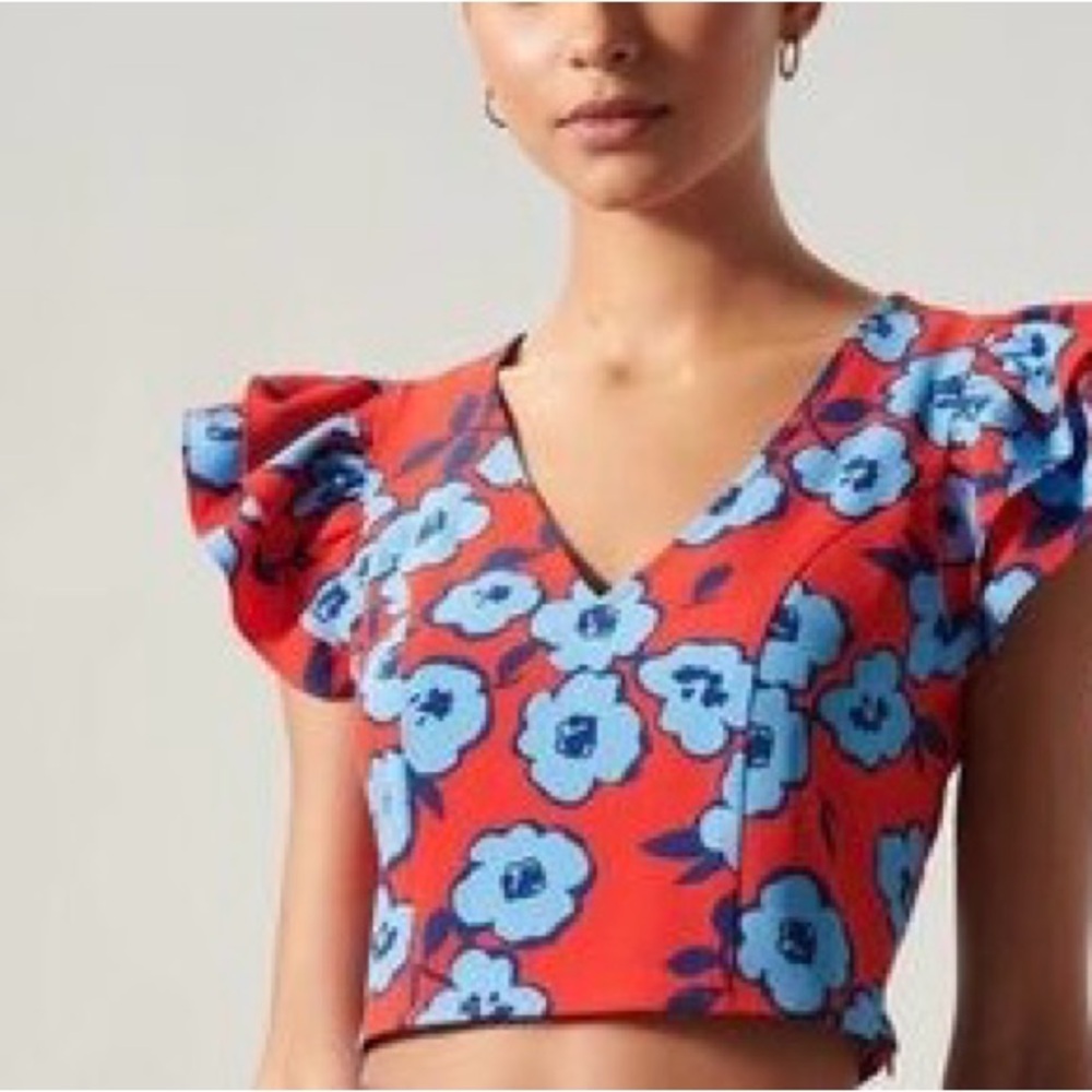 Sugar + Lips Floral V-Neck Ruffle Sleeve Crop Top - Size Small NWT